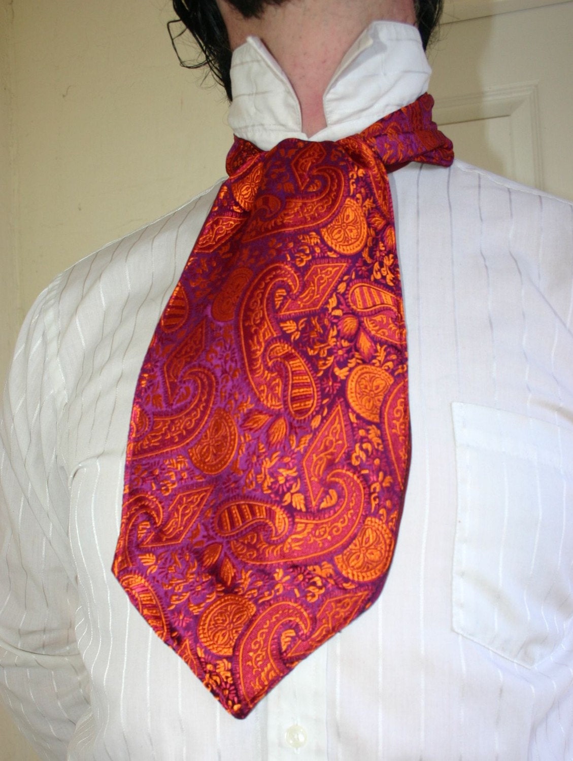 Red and Fuschia Paisley Silk Brocade Ascot