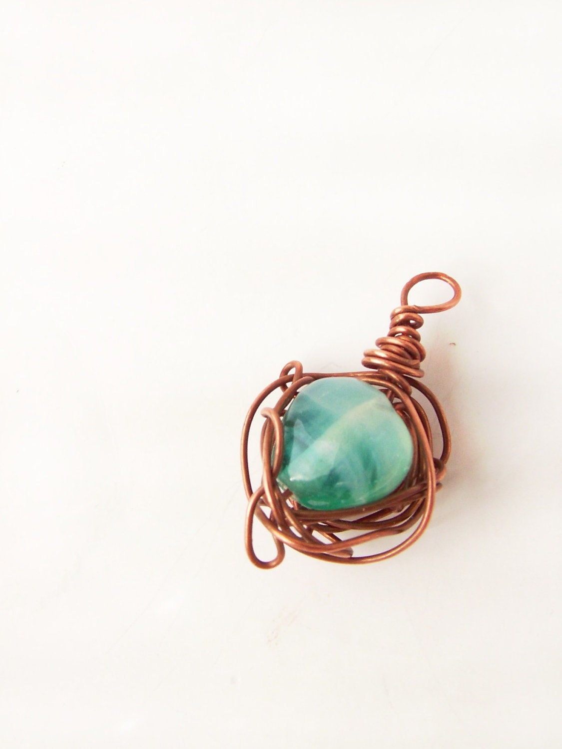 Pendant Copper Wire Wrapped Aqua Heart Bead - FREE SHIPPING in US and Canada