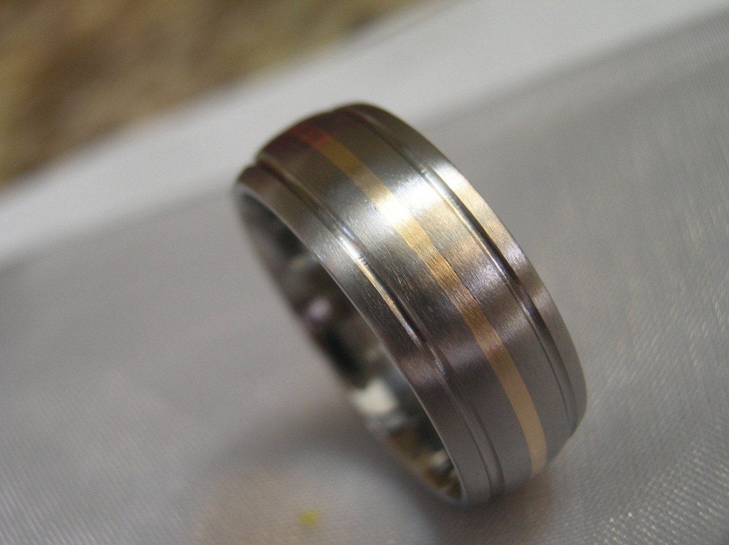 Titanium Ring Yellow Gold Inlay Domed Two Grooves AX80