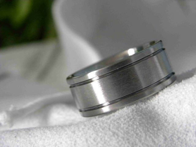 Titanium Ring Wide Band Flat Profile with Two Narrow Cut Grooves