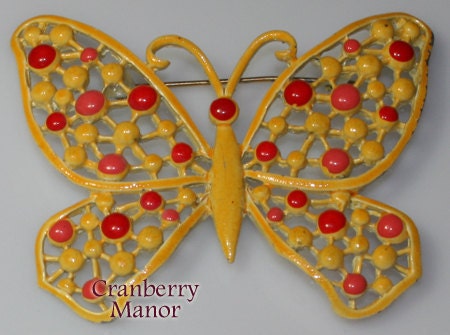 SALE Vintage Hedison Orange & Red Enameled Cast Butterfly Brooch