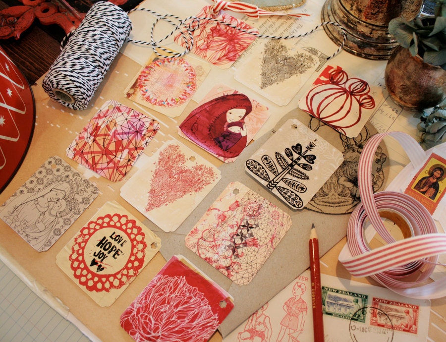 Sweet William illustration set of 12 whimsical  art tags - PDF PRINTABLE