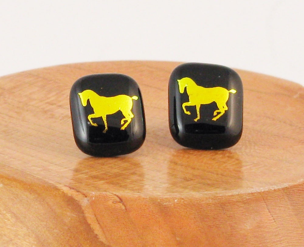 Gold dichroic horse on black post earrings (1807)