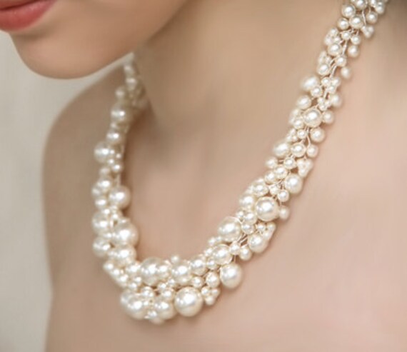 Statement Wedding Necklace Bridal Jewelry Swarovski Pearl "Pearly Girly" Necklace Bridesmaid Jewelry Set includes Ivory Pearl Stud Earrings