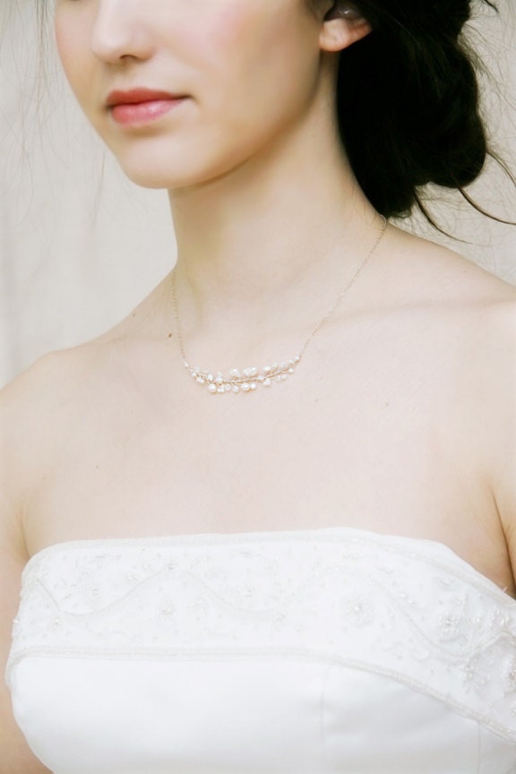 Freshwater Pearl and Crystal Delicate Bridal Necklace by Virginiageigerjewels