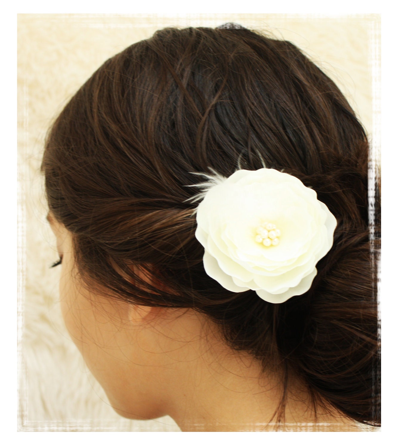 Bridal hair flower, IVORY Wedding Hair Flower with Feathers and Pearls Accessory