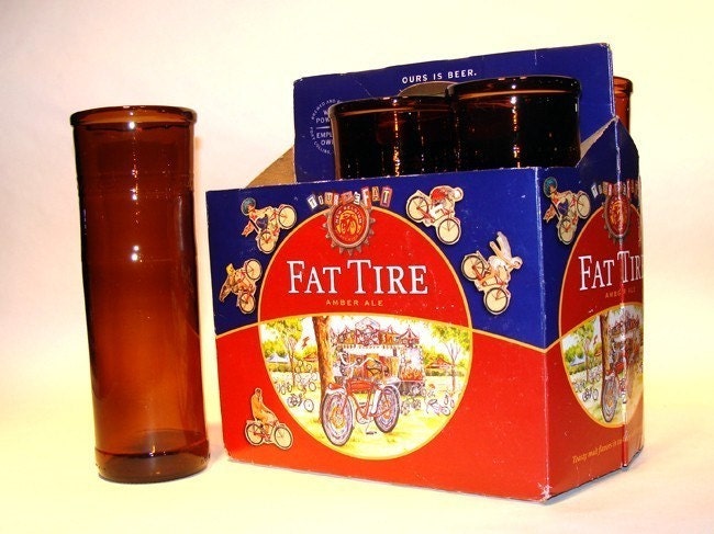 Six Pack Set of Recycled Fat Tire Beer Bottle Drinking Glass Cups