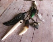 TALISMAN - Talisman necklace with Real fang Carved bone spike Carved horn feather Real beetle wing Crystal quartz Fossilized shark tooth