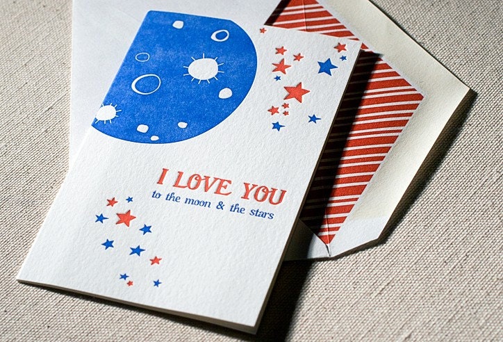 I Love You Stars Moon Letterpress Greeting Card - Bamboo paper, patterned envelope. C4-C25T