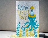 Birthday Octopus Letterpress Greeting Card - Bamboo paper, patterned envelope, octopus. C4-A24T