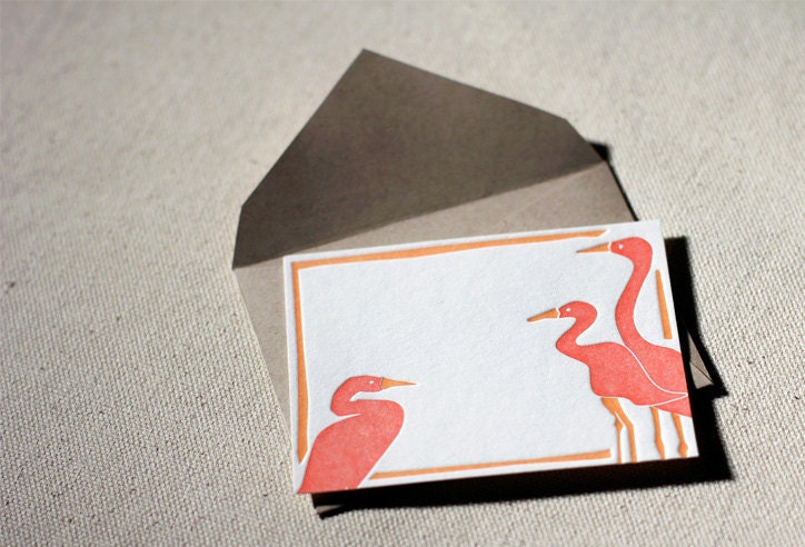 SALE - Letterpress Gift Tags - Heron. Bamboo paper, kraft envelopes , set of 6 cards. 3-H4G