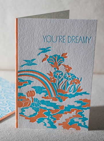 SALE - Dreamy Letterpress Greeting Card - Bamboo paper, patterned envelope. C4-H13T