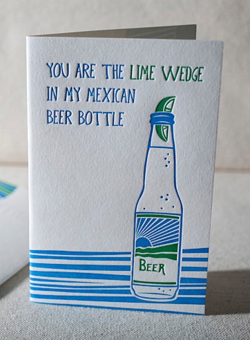 Mexican Beer Bottle Letterpress Greeting Card - Bamboo paper, patterned envelope. C4-K3T