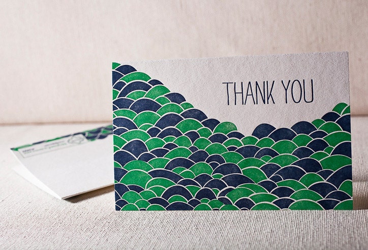 Letterpress Thank You Cards - Merton. Bamboo paper, patterned envelopes, set of 6 cards. 4-K8T