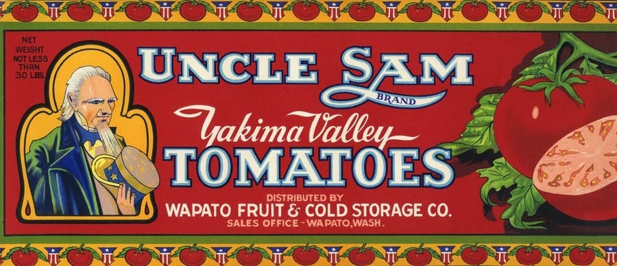 UNCLE SAM BRAND YAKIMA VALLEY TOMATOES CAN LABEL