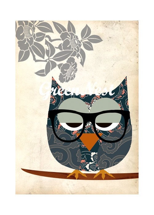 Asian Nerd Owl Collage Poster Print