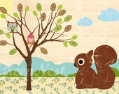 Cute Squirrel and Owl  Collage Poster Print