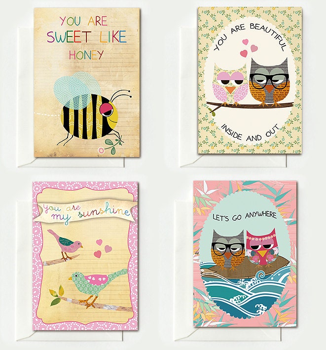 Set of 4 cute vintage valentine cards for lovers