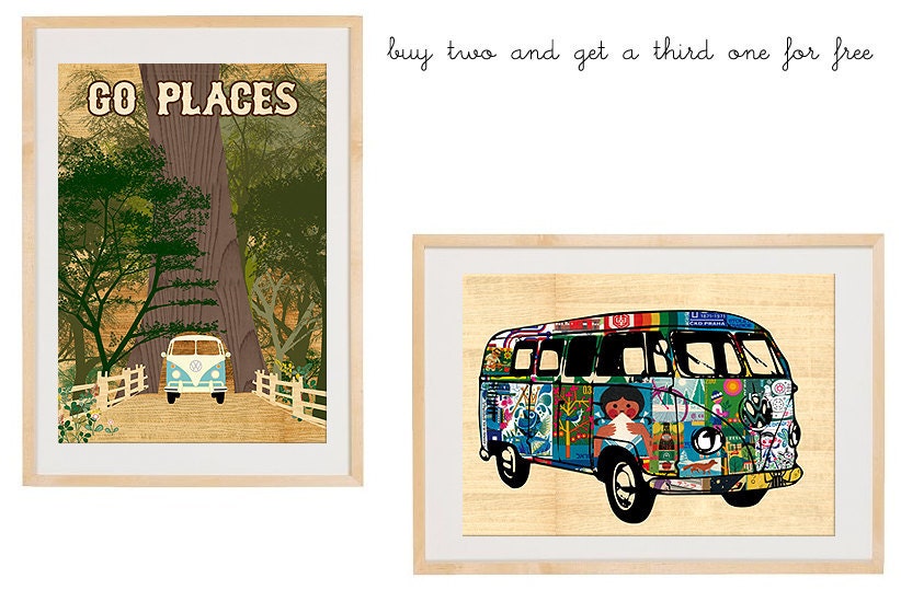 Vintage Volkswagen Camper Bus Collage Poster Print, Redwoods, Go Places, Chandelier