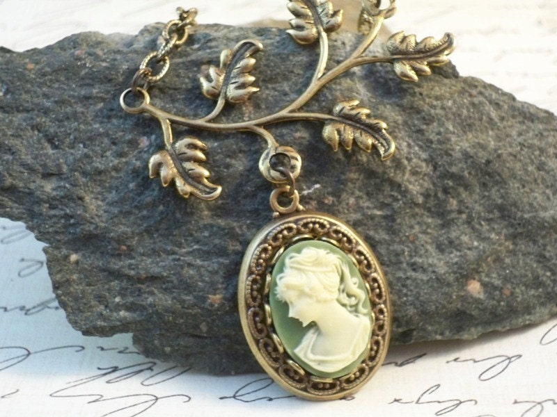 Erin - Green Cameo Pendant and Brass Vine Necklace