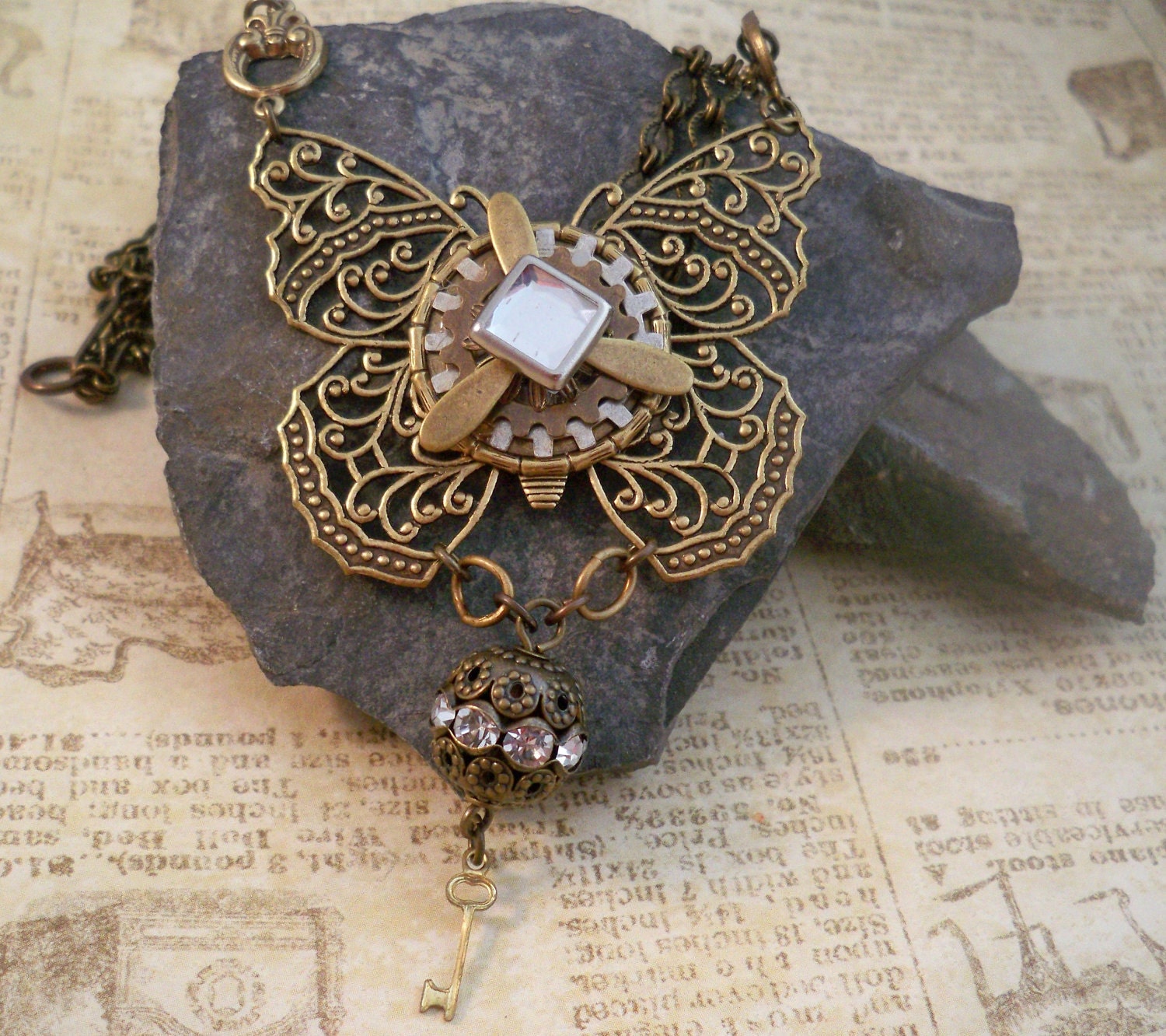 Steampunk Butterfly Necklace with Propeller and Crystals and Matching Earring SET