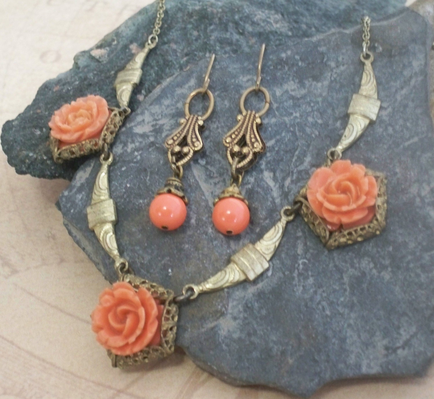 OOAK Art Deco Necklace & Earrings featuring Delicate Peach Victorian Flowers