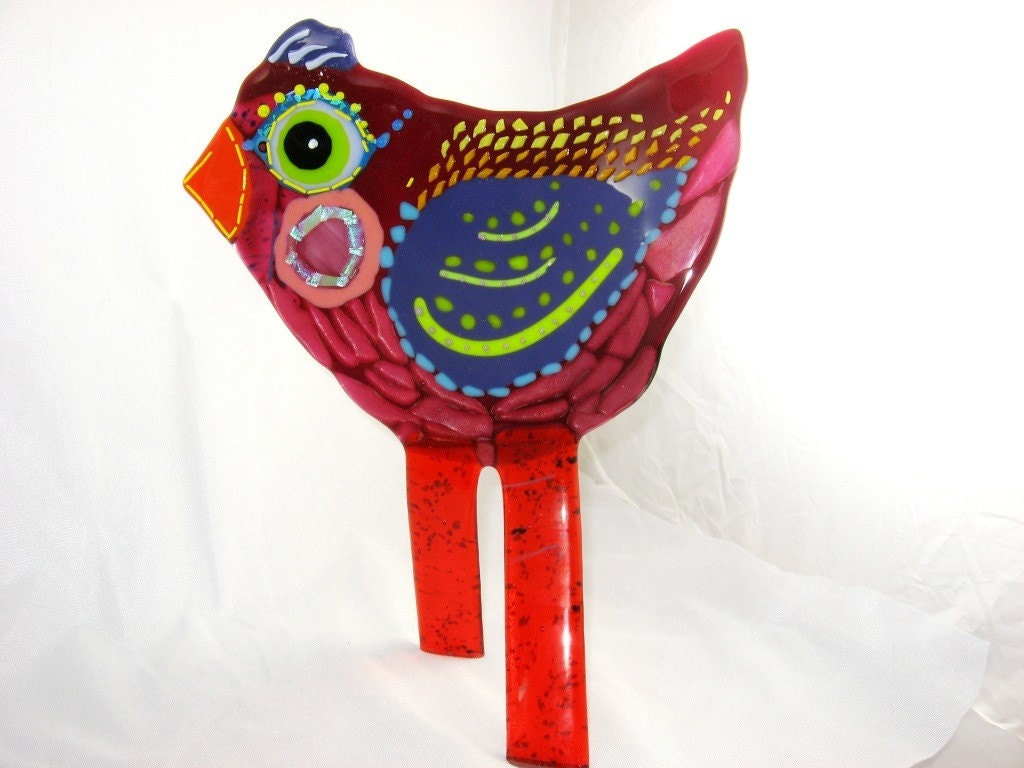 Fused Glass Standing Whimsical Bird Sculpture - Enidtraisman