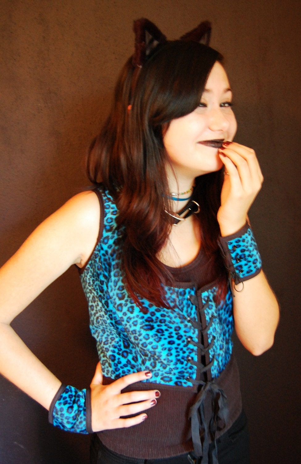 Sassy Blue Leopard Costume Corset Bodice with Wrist Cuffs