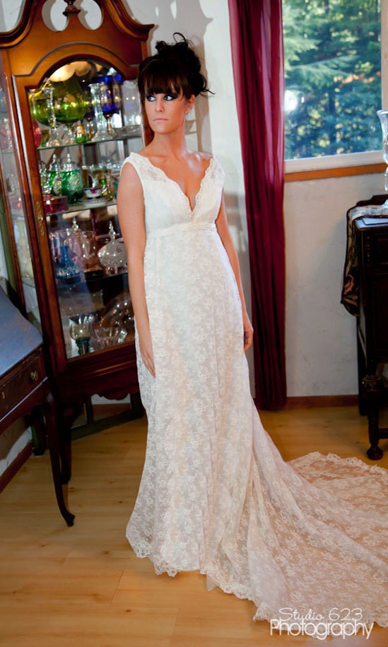 Innocence-Italian Silk Lace Plunging Neckline Wedding Gown-Woodland Nymph-Grecian Goddess-Sweet amd Innocent-Sexy Alluring-CRBoggs Original