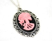 SALE - Bride Skeleton Cameo Necklace Lolita Pink on Black