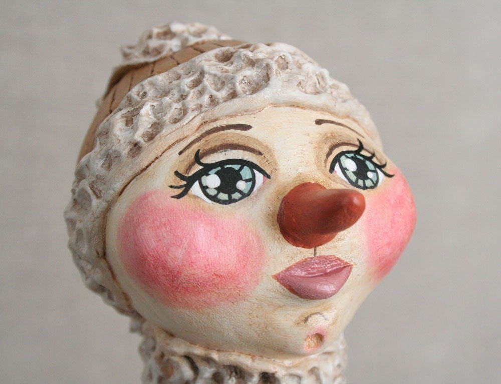 Primitive Paperclay Snowgirl - Original Appalachian Sculpted Folk Art Doll