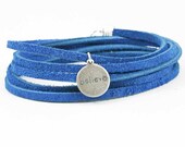 Suede Wrap Bracelet Believe Charm Bright Blue Leather Charm Bracelet