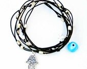 Leather Wrap Bracelet with Lucky Charms, Black, Beaded Leather Wrap Bracelet, Charm Bracelet, Hamsa, Evil Eye, Kabbalah Bracelet