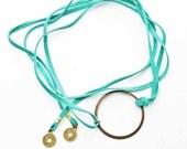 Suede Wrap Bracelet with Eternity Circle Turquoise and Antique Brass Wrap Necklace Choker Chinese Coin Charms Free People