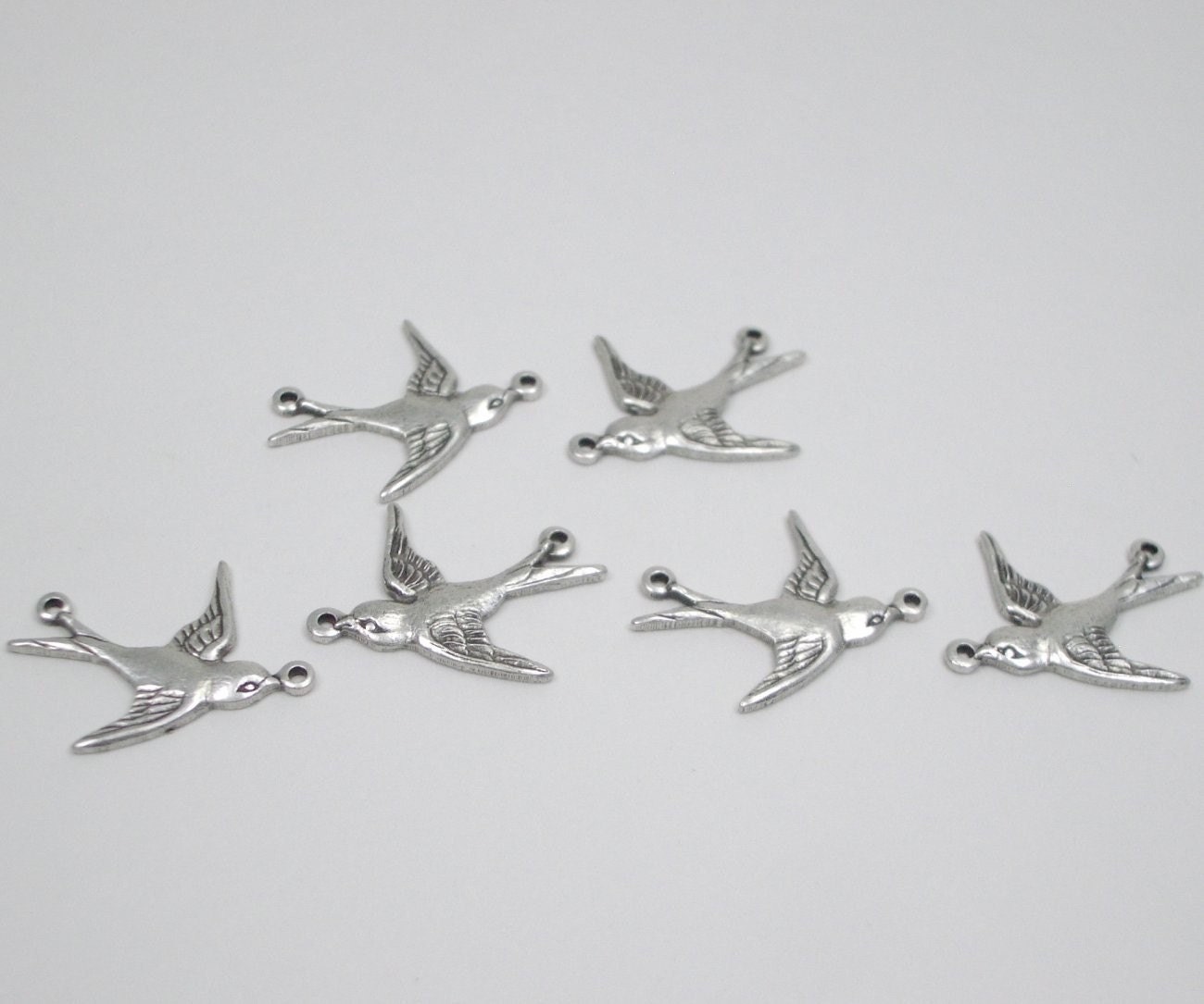 Bird Connectors, silver plated, oxidized, two rings, 6 birds