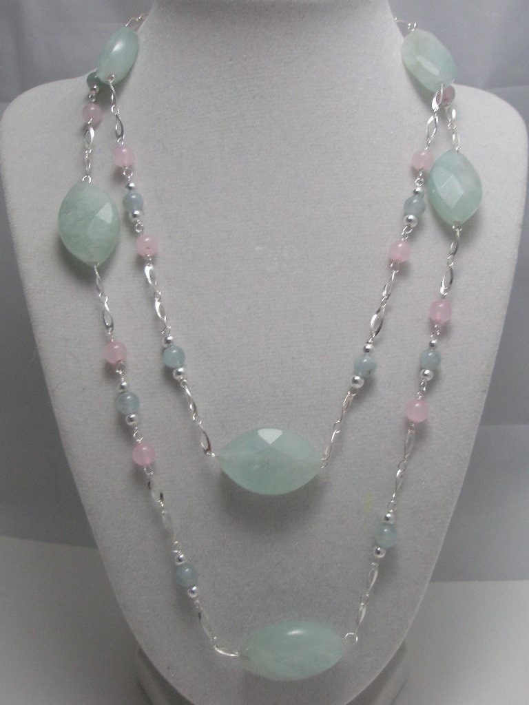 Genuine Aquamarine and Rose Quartz Twist link Necklace 40" one of a kind