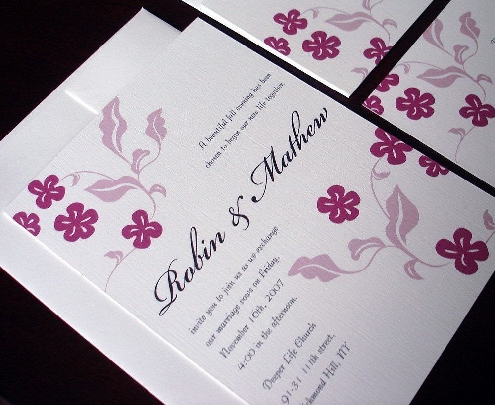 Wedding Invitation - Berry Floral Linen Leaf - Bridal, baby shower, sweet sixteen, bat mitzvah, communion christening
