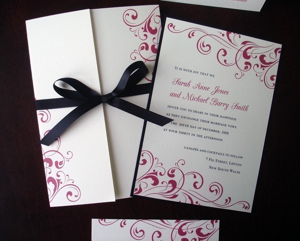 Wedding Invitation - Fuchsia Pink and Cream Flourishes with ribbon - Bridal, baby shower, sweet sixteen, bat mitzvah, communion, christening