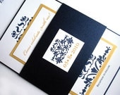 Wedding Invitation -  Brocade Set w/ Belly Band - Metallic Navy Blue Gold. Bat mitzvah, sweet sixteen