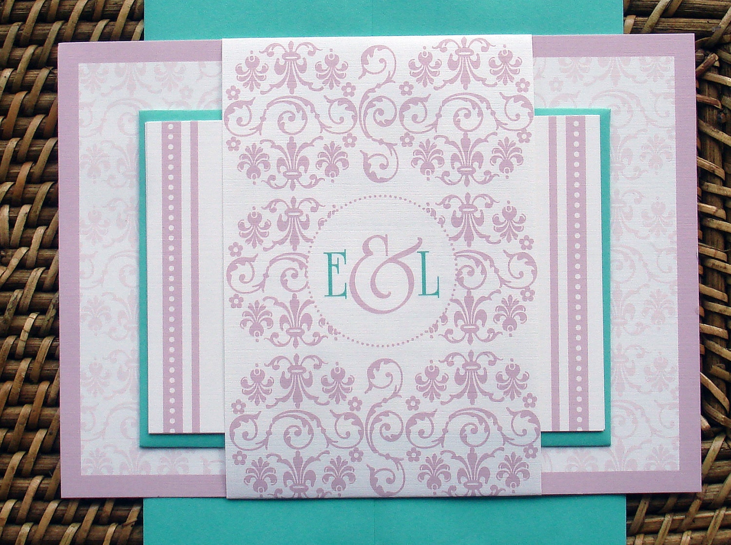 Toile Wedding Invitation Set w/ Belly Band - Mauve Pink and Tiffany Blue, Striped. Bat mitzvah, sweet sixteen,  baby, bridal shower
