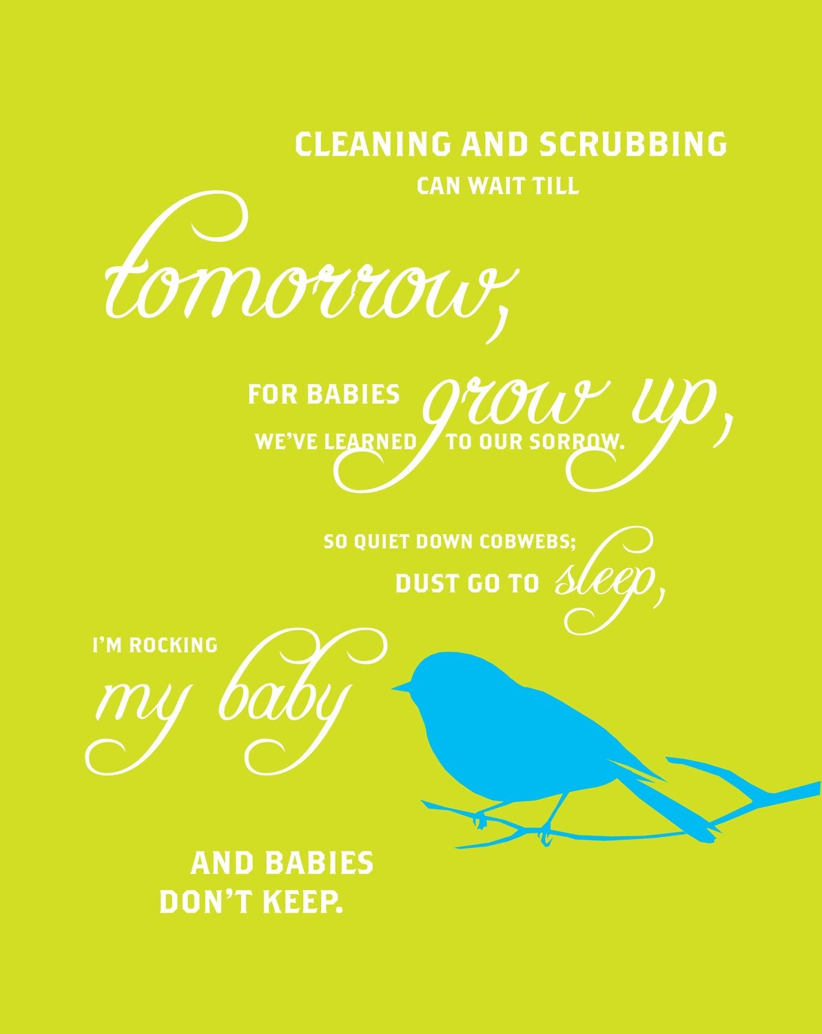 Modern Nursery Art Print 8X10 (cleaning and scrubbing poem:  lime bird)