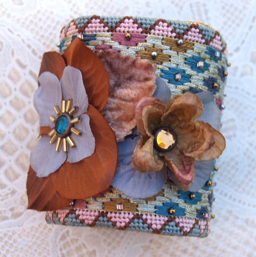Needlepoint Wrist Cuff - Autumn In The Air Silk Flowers Embellished Bargello Needlepoint Wrist Cuff - Size 7.25 (W325)