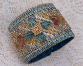 Needlepoint Wrist Cuff - Elegant Pale Teal and Gold Embellished Needlepoint Wrist Cuff - Size 7.0 (W519)