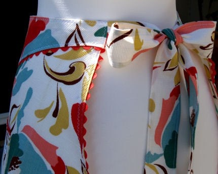 Apron - Waffle Weave Vintage Abstract Floral Fabric Red Rick Rack Trim  Hostess Apron (A120)