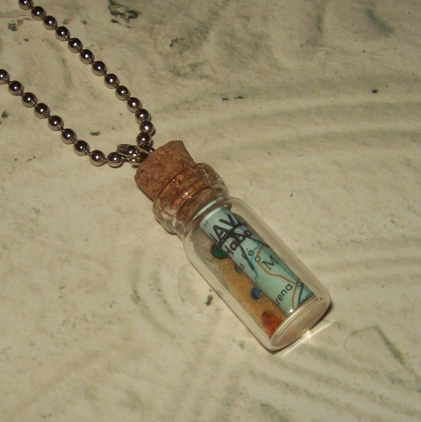 Miniature Glass Bottle Necklace / Map and Treasure /No. 75