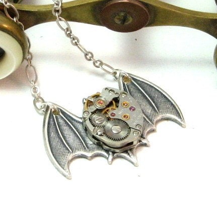 Batty Steampunk Necklace Gothic Wings Vintage Watch Movement Designed by Mystic Pieces