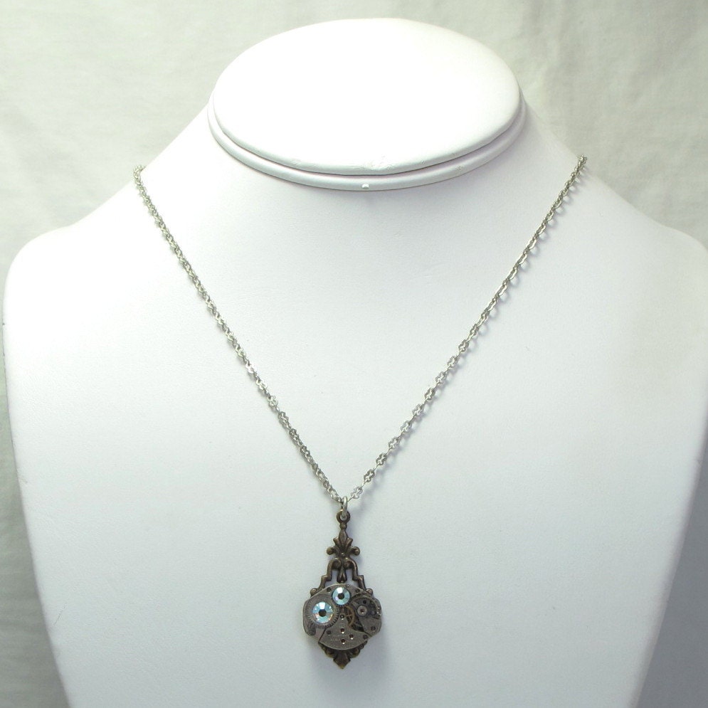 Enchanting Steampunk Necklace 17 Jewels Vintage Watch Movement Swarovski Neo Victorian By Mystic Pieces