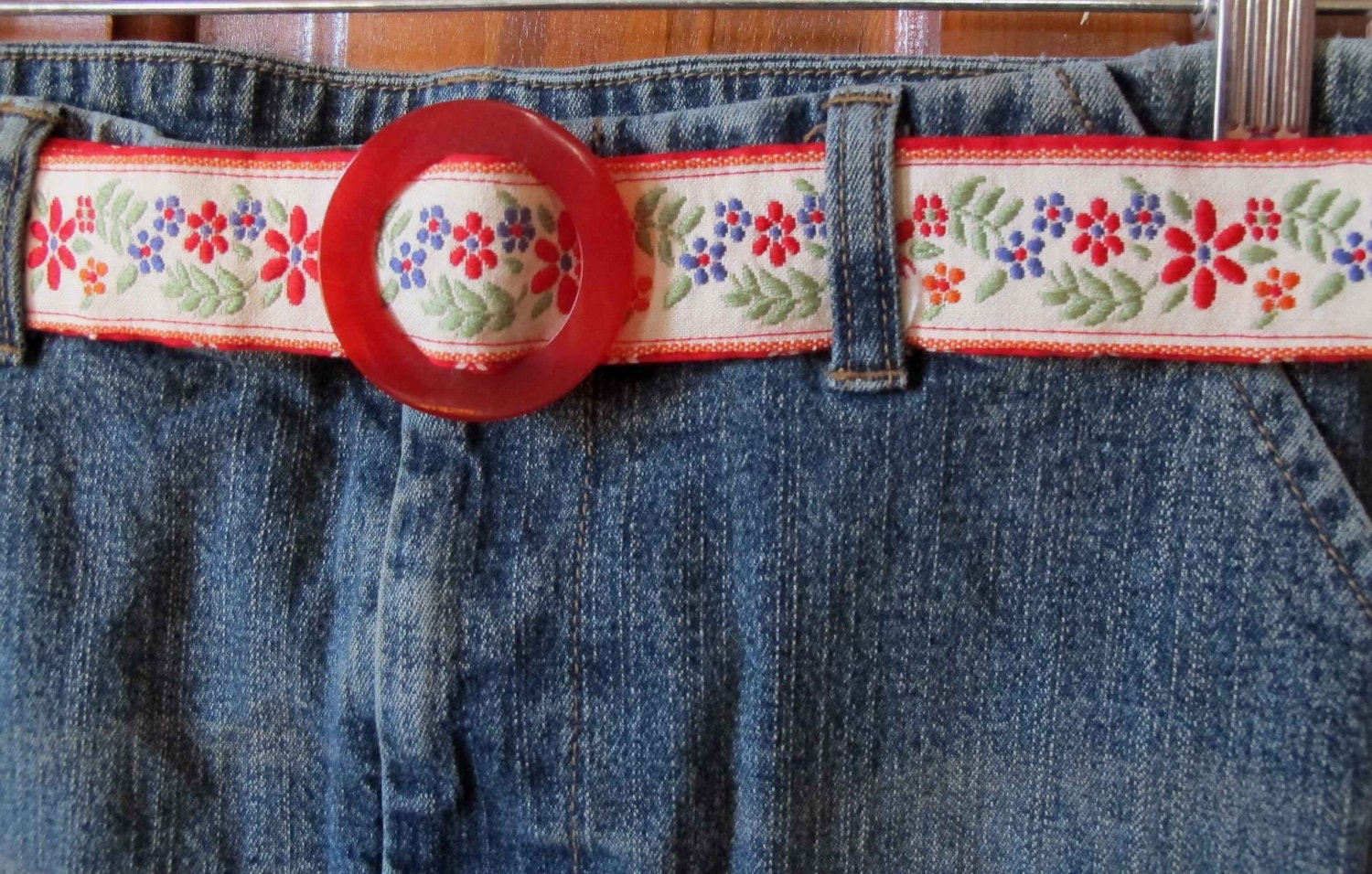 Upcycled Denim Skirt - Flower Applique with Matching Belt - Size 8/10