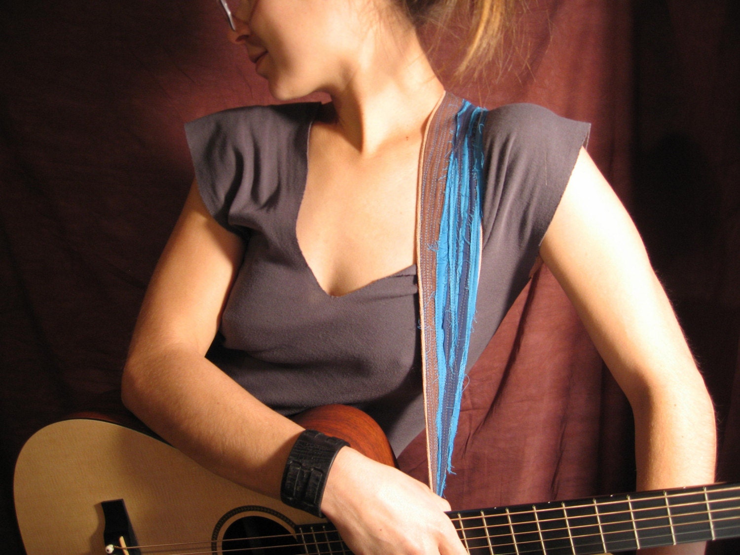 Hemp Guitar Strap- Frayed Low Tide design- Featuring Brown Hemp and Tencel blend atop kaki pesticide free hemp canvas- Vegan too