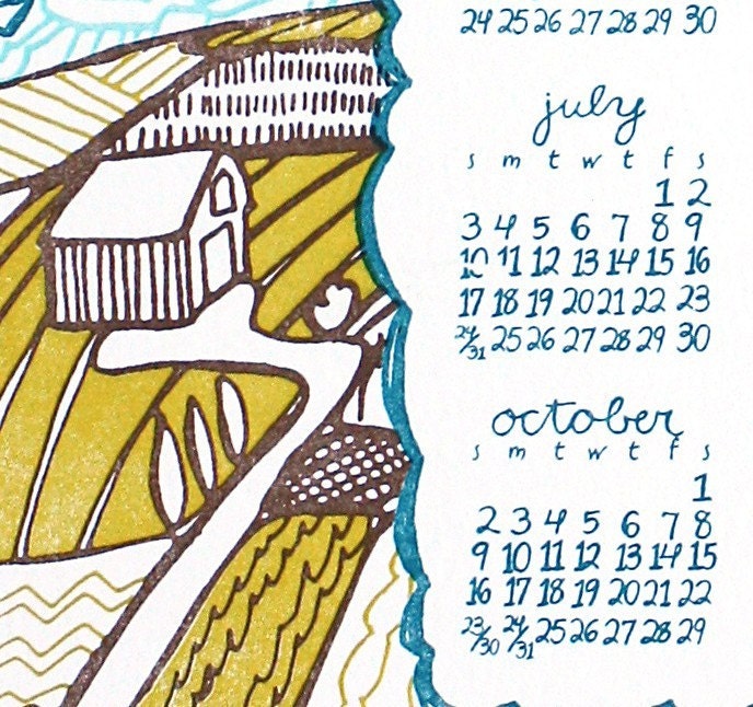 2011 Letterpress Calendar Farm Illustration FREE SHIPPING